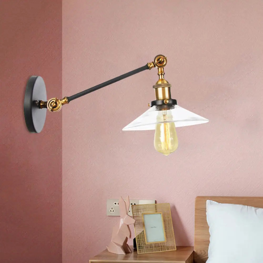 Vintage Black/Brass/Bronze Cone Glass Sconce Light - 8"/12" Arm