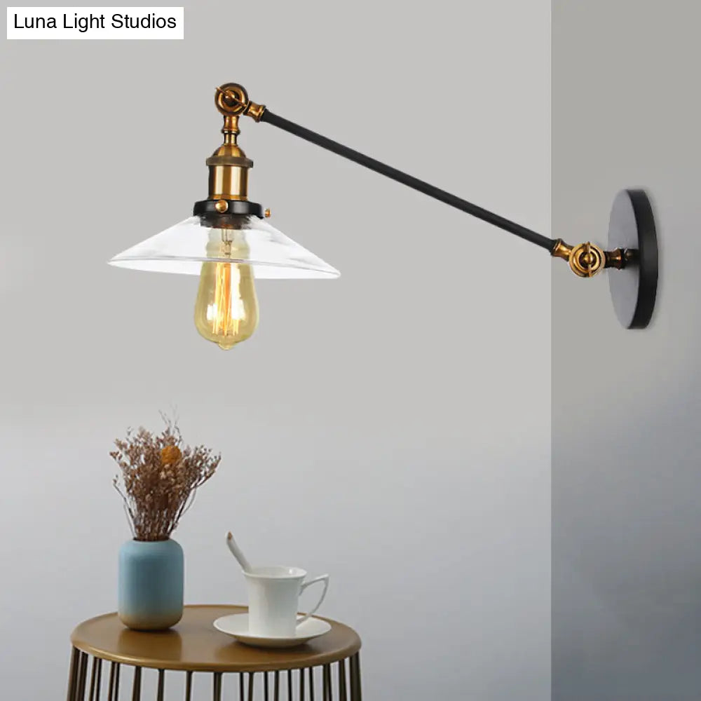 Vintage Black/Brass/Bronze Cone Glass Sconce Light - 8"/12" Arm