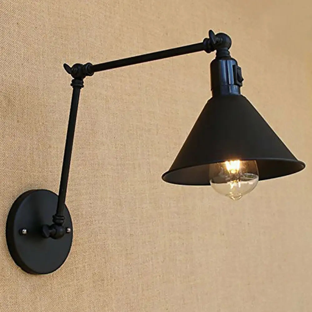 Vintage Black Cone Wall Lamp Kit with Swing Arm & On/Off Button for Bedroom - Iron 1/2-Head Mount Fixture