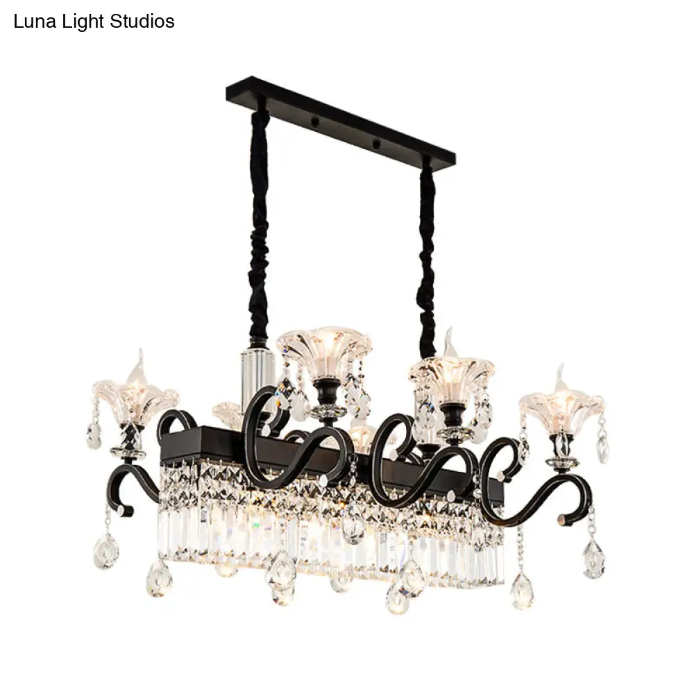 Vintage Black Crystal Prism Island Pendant Lamp - 9 Lights with Flared Suspension and Scroll Arm