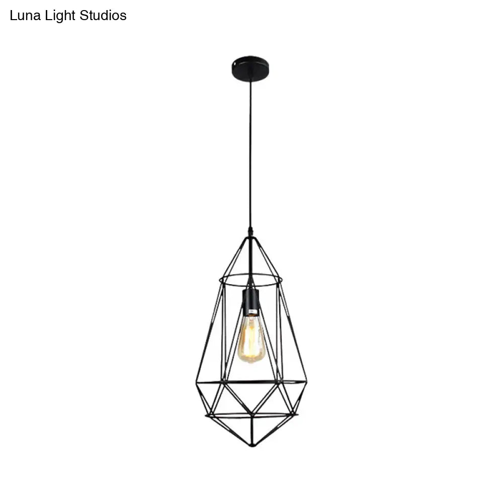 Vintage Black Diamond Cage Iron Hanging Lamp - Single-Bulb Dining Room Light