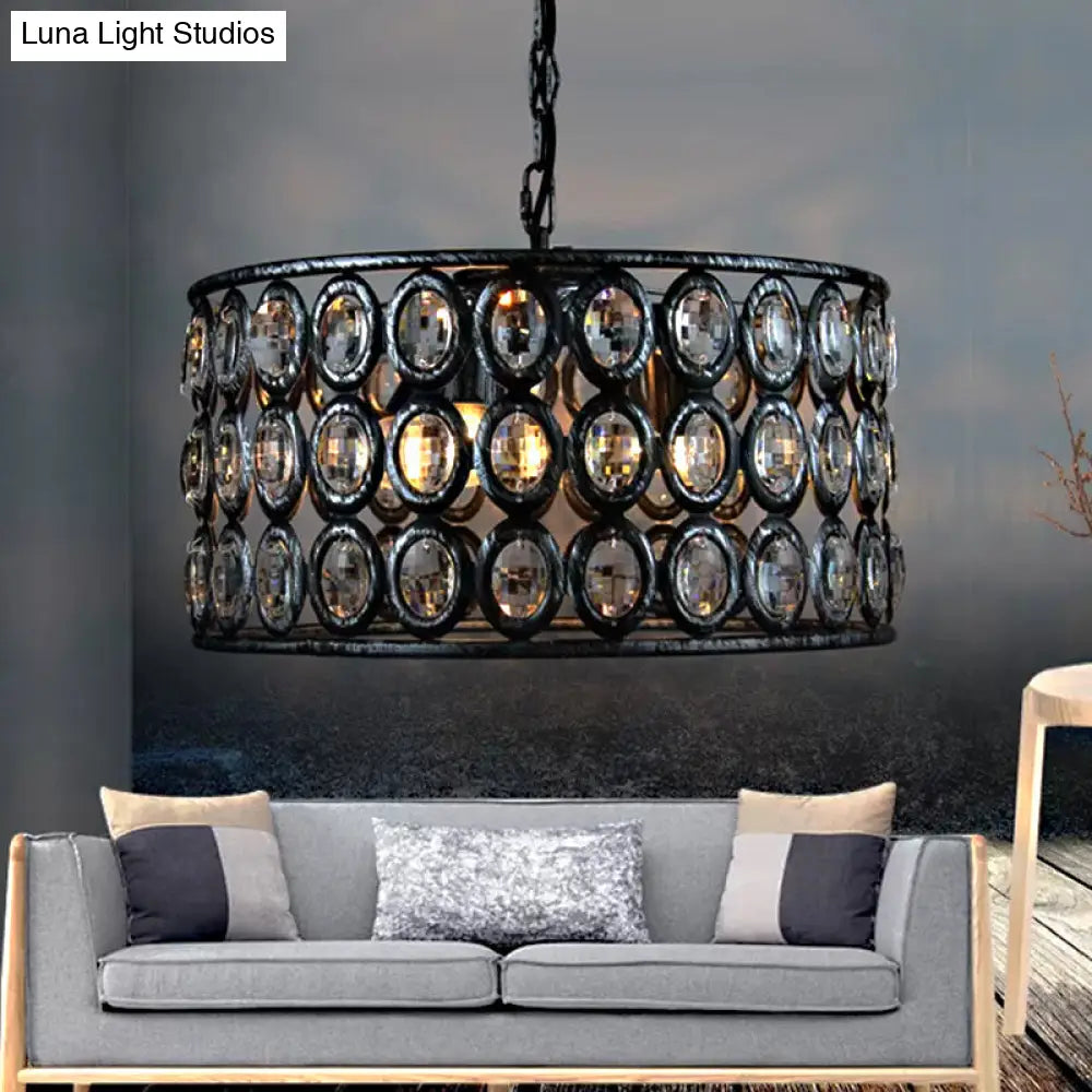 Lámpara de techo vintage negra tipo tambor: araña de metal y cristal con 3 luces para sala de estar