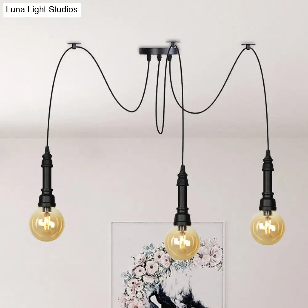 Vintage Black Finish Amber Glass Chandelier - Multi Light Pendant Lamp for Global Restaurants (2/3/6 Heads)