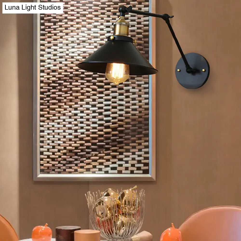 Vintage Black Finish Conic Sconce Light Fixture with Adjustable Metallic Arm - Ideal Wall Lighting for Dining Table