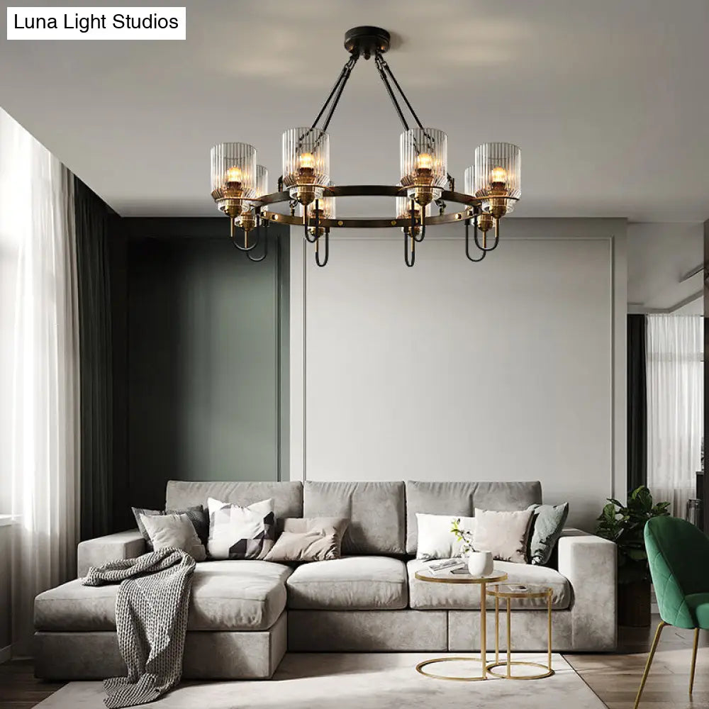 Vintage Black Glass Ribbed Chandelier - Cylindrical Suspension Lamp for Dining Room