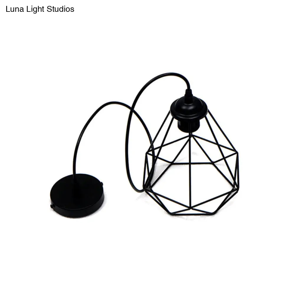 Vintage Black Iron Diamond Ceiling Lamp for Dining Room, Single-Bulb Hanging Light
