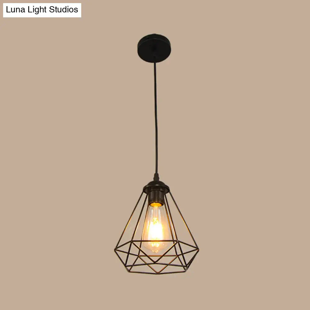 Vintage Black Iron Diamond Ceiling Lamp for Dining Room, Single-Bulb Hanging Light