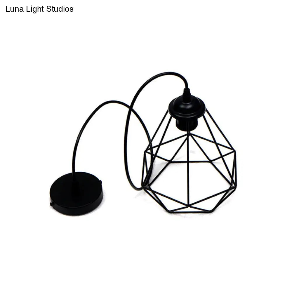 Vintage Black Iron Diamond Ceiling Lamp for Dining Room, Single-Bulb Hanging Light