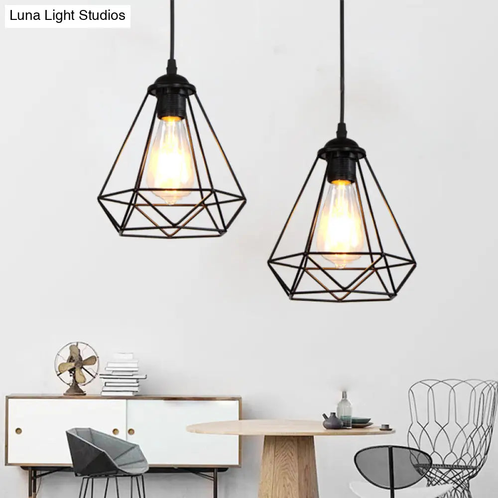 Vintage Black Iron Diamond Ceiling Lamp for Dining Room, Single-Bulb Hanging Light