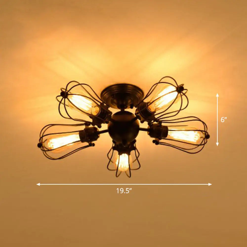 Vintage Black Iron Semi Flush Ceiling Light with Radial Shape and Cage - Ideal for Restaurants