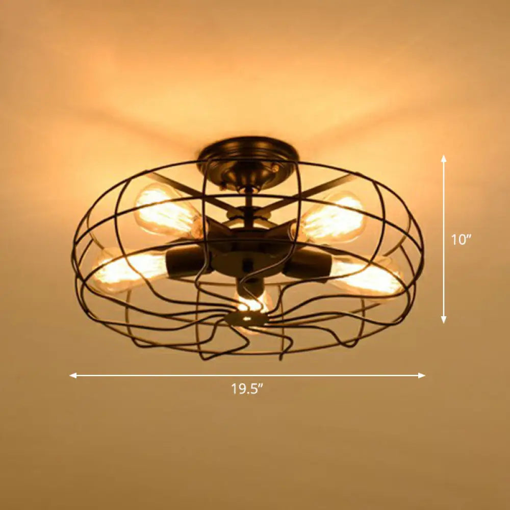 Vintage Black Iron Semi Flush Ceiling Light with Radial Shape and Cage - Ideal for Restaurants