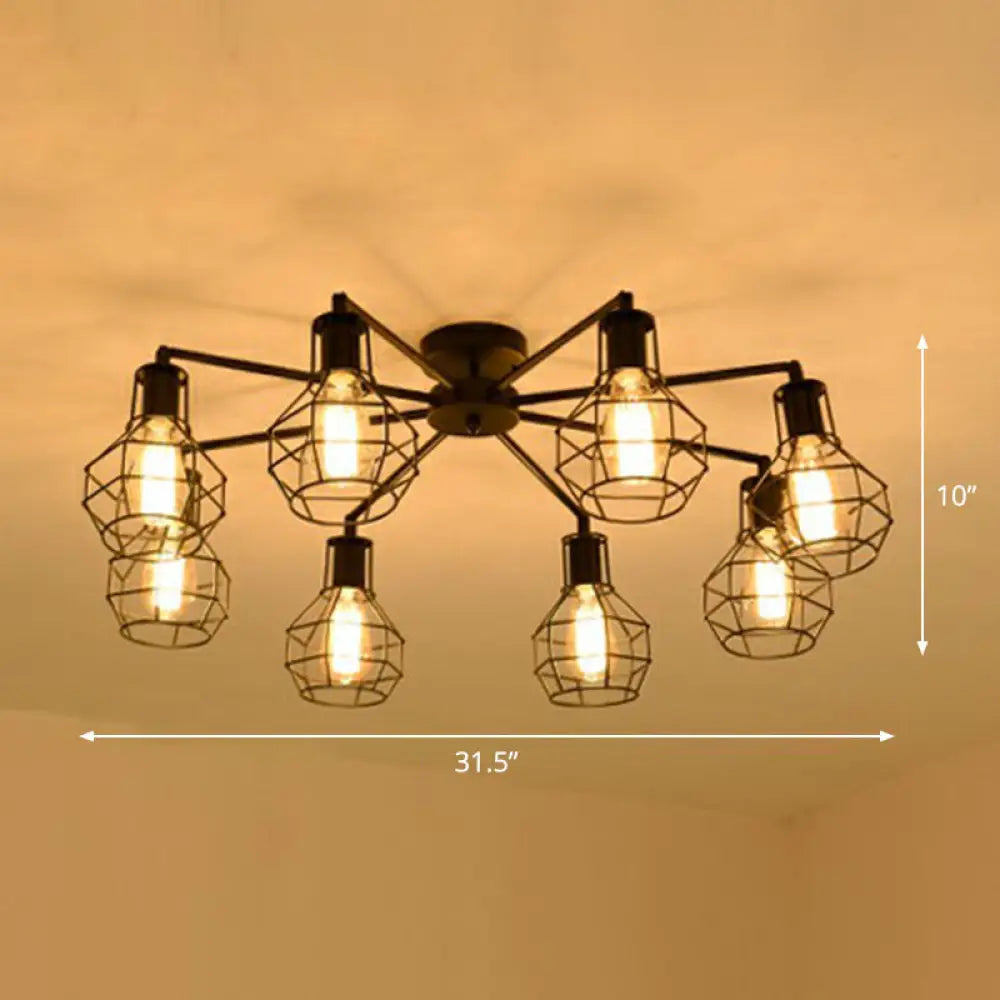 Vintage Black Iron Semi Flush Ceiling Light with Radial Shape and Cage - Ideal for Restaurants