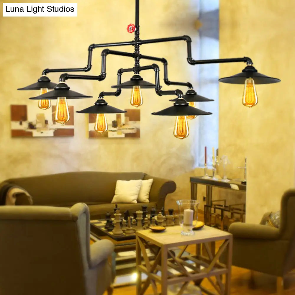 Vintage Black Island Pendant Lamp with 7 Bulbs: Metallic 3-Layer Water Pipe Design for Living Room Hanging Light Fixture