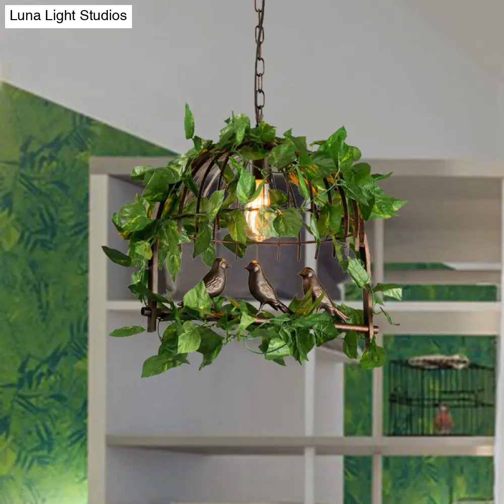 Vintage Black Metal Birdcage Pendant Light with LED Plant Hanging Lamp for Restaurants