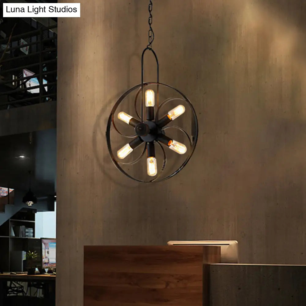 Vintage Black Metal Island Light with 6/18 Bulbs - Elegant Wagon Wheel Pendant for Dining Room