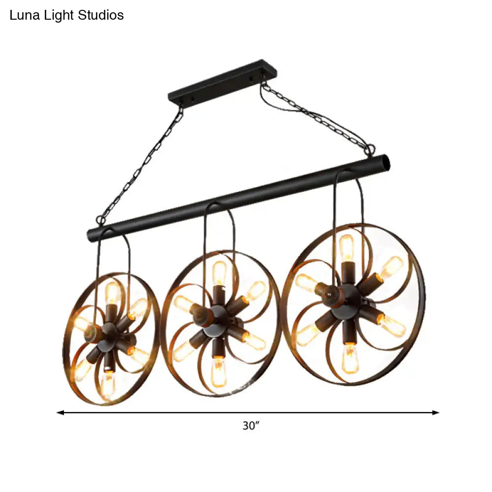 Vintage Black Metal Island Light with 6/18 Bulbs - Elegant Wagon Wheel Pendant for Dining Room