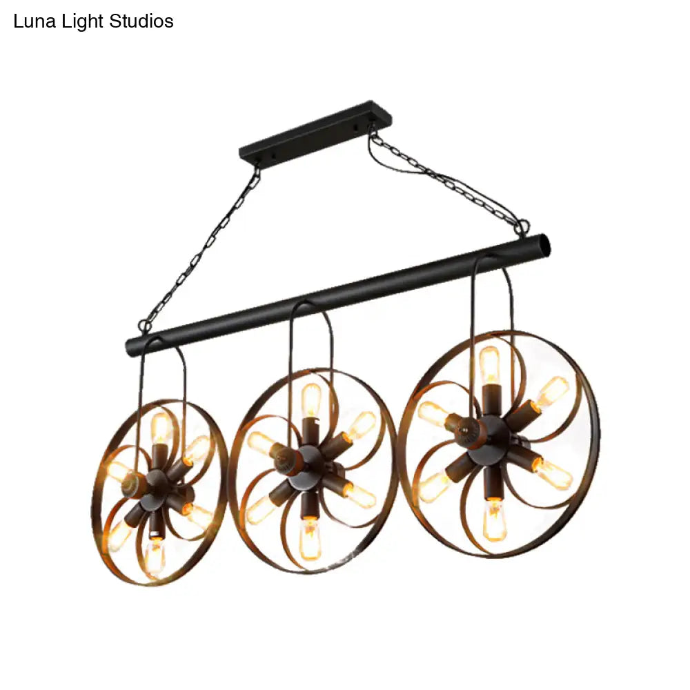 Vintage Black Metal Island Light with 6/18 Bulbs - Elegant Wagon Wheel Pendant for Dining Room