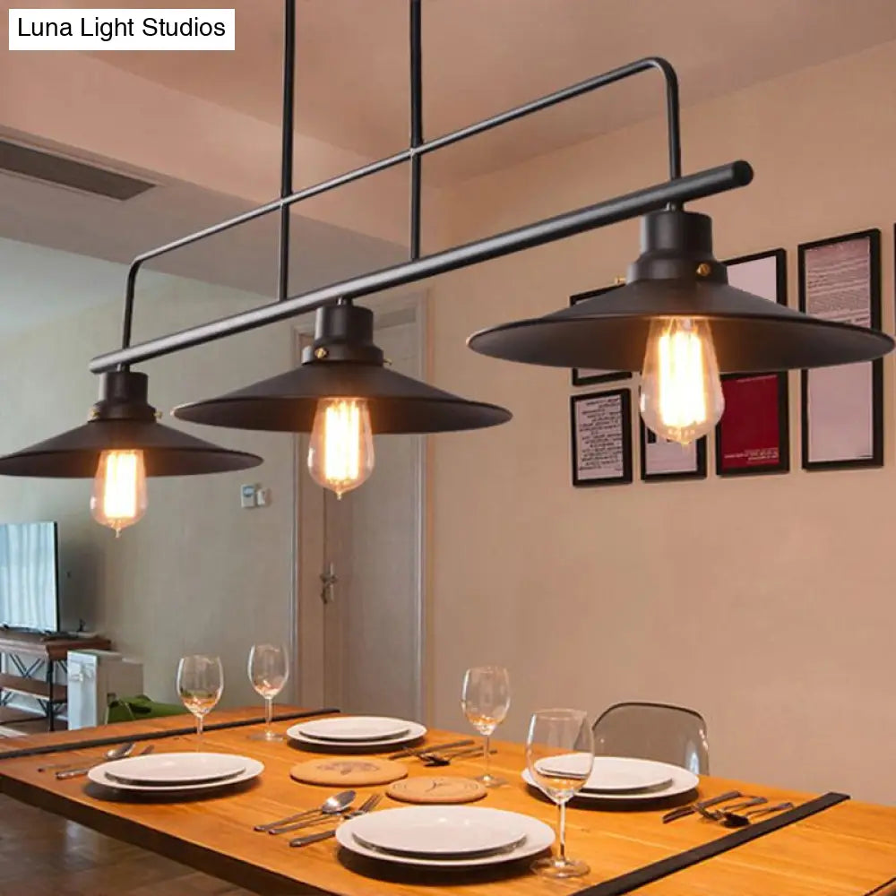Vintage Black Metal Saucer Suspension Island Lamp with 3 Lights for Dining Room