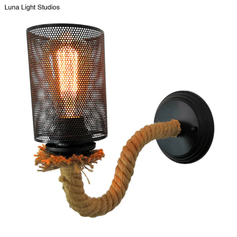Vintage Black Metal Wall Sconce with Rope Arm - 1-Light Dining Room Lighting Fixture
