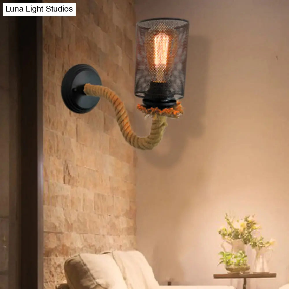 Vintage Black Metal Wall Sconce with Rope Arm - 1-Light Dining Room Lighting Fixture
