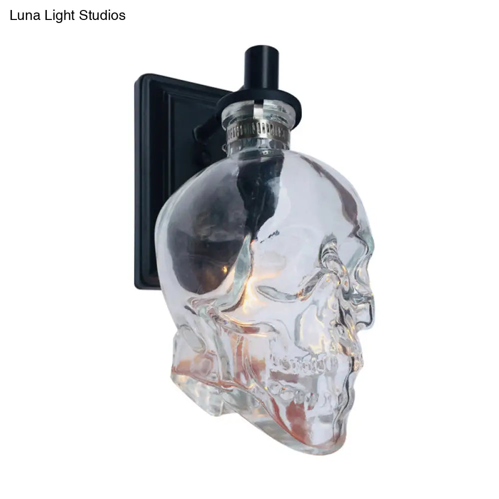 Vintage Black Skull Shaped Sconce: Clear Glass, Wall Mounted Living Room Lamp