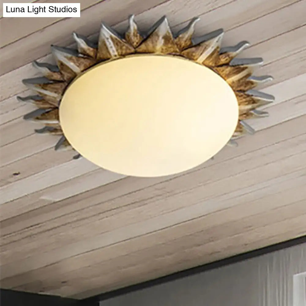 Vintage Black Sunburst Ceiling Light with Opal Glass for Living Room - 9"/15" Wide