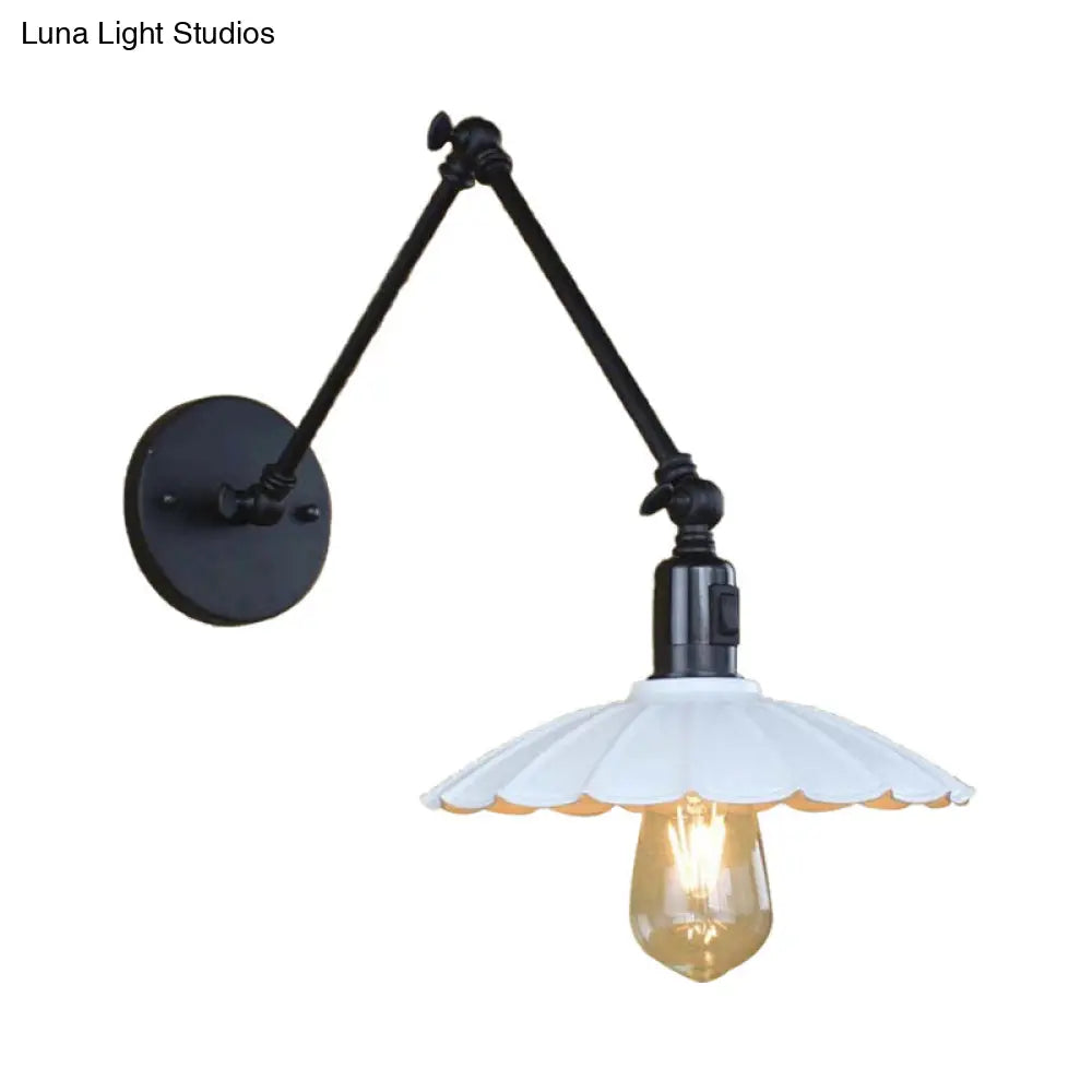 Vintage Black/White Scalloped Wall Sconce with Swing Arm - Stylish Metal Design for Living Room Lighting