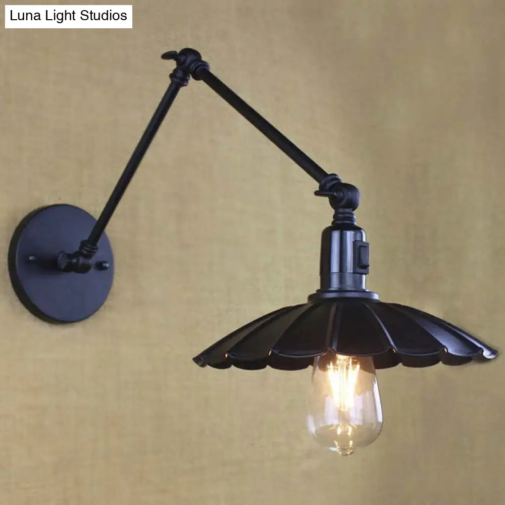 Vintage Black/White Scalloped Wall Sconce with Swing Arm - Stylish Metal Design for Living Room Lighting