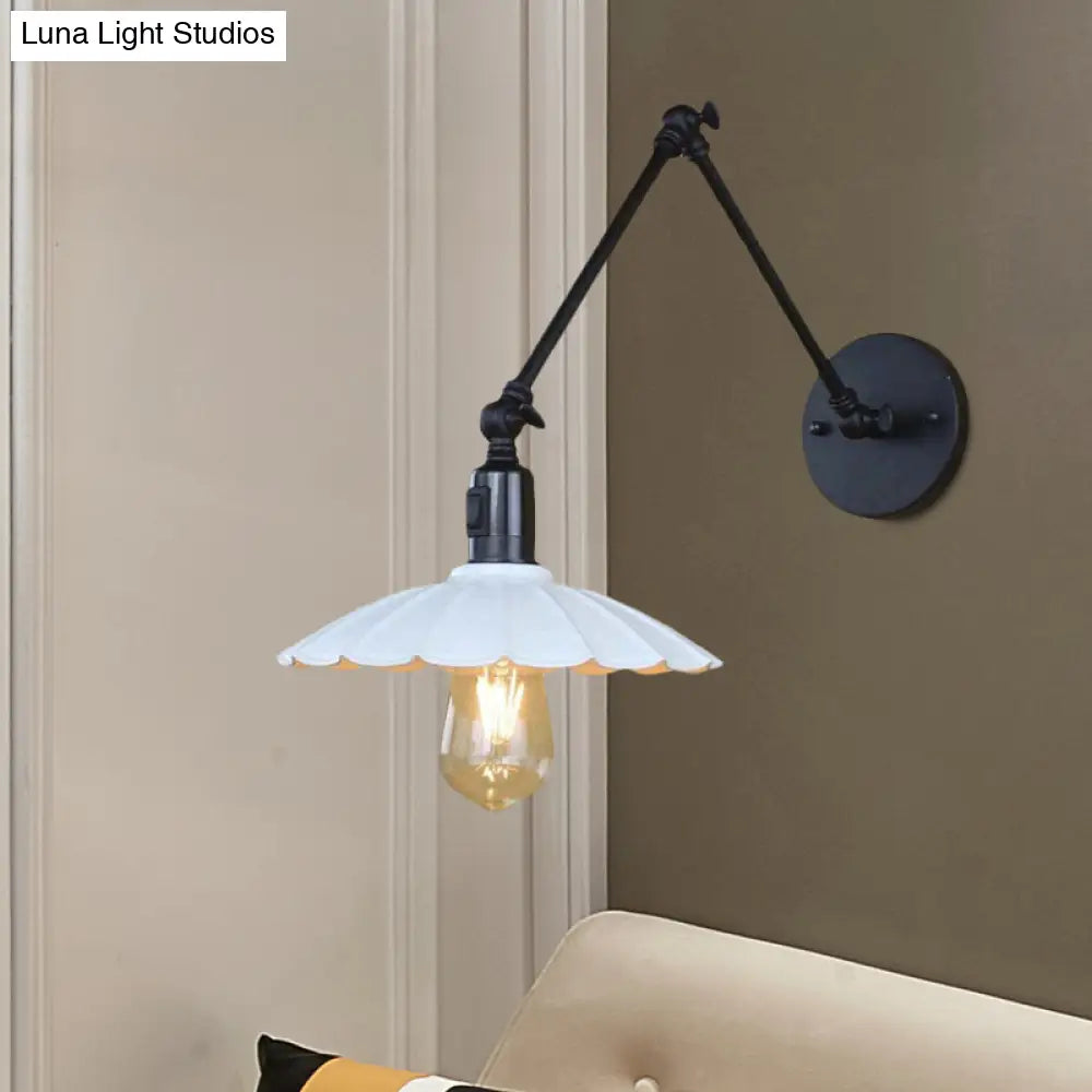 Vintage Black/White Scalloped Wall Sconce with Swing Arm - Stylish Metal Design for Living Room Lighting