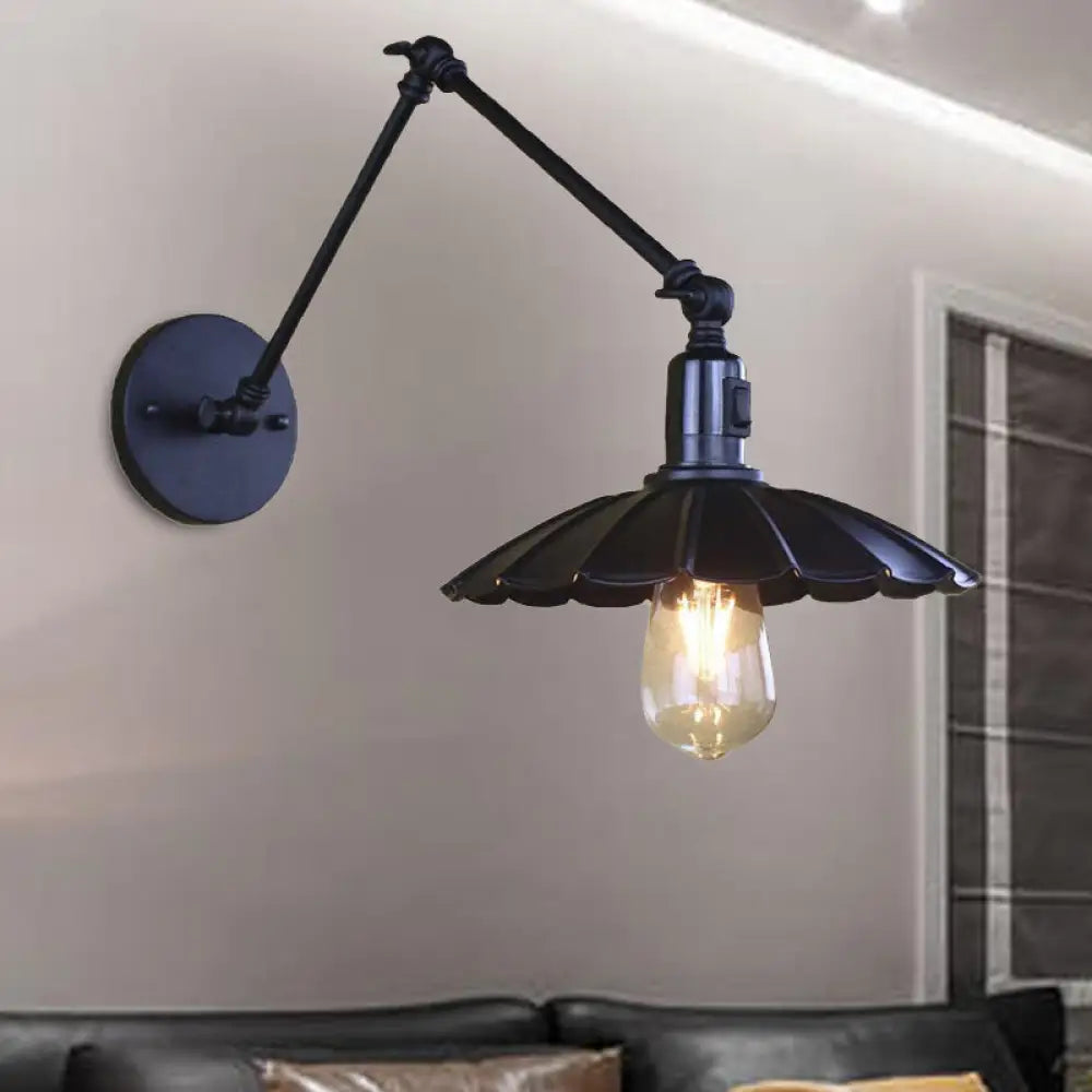 Vintage Black/White Scalloped Wall Sconce with Swing Arm - Stylish Metal Design for Living Room Lighting