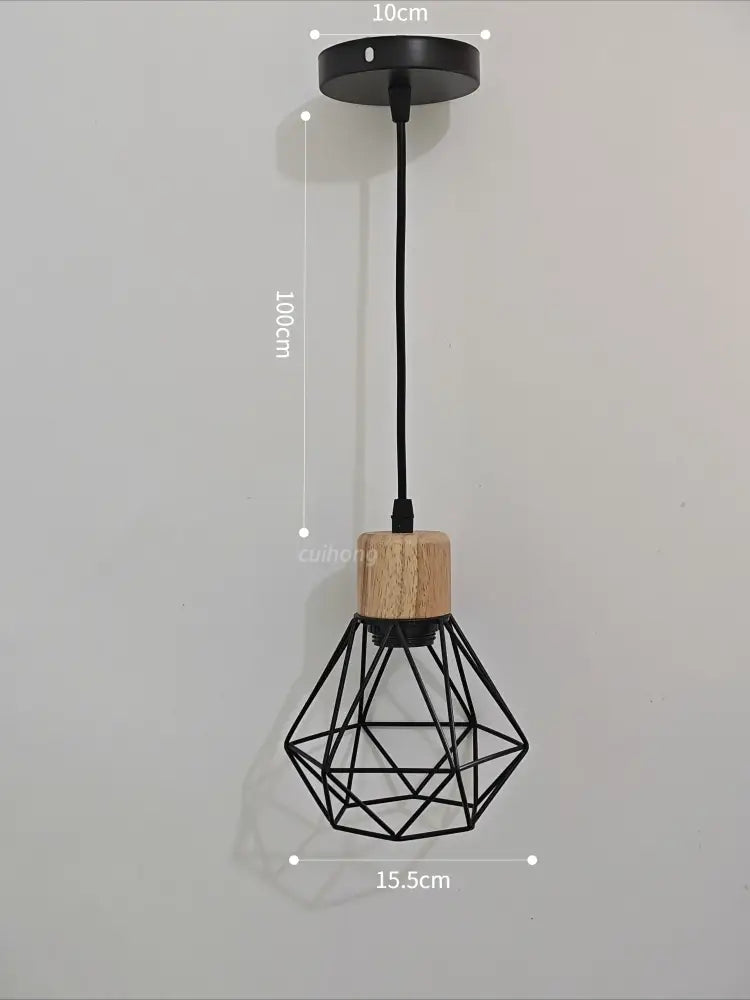 Black metal geometric pendant light with natural wood accent and iron cage ceiling mount for dining room use