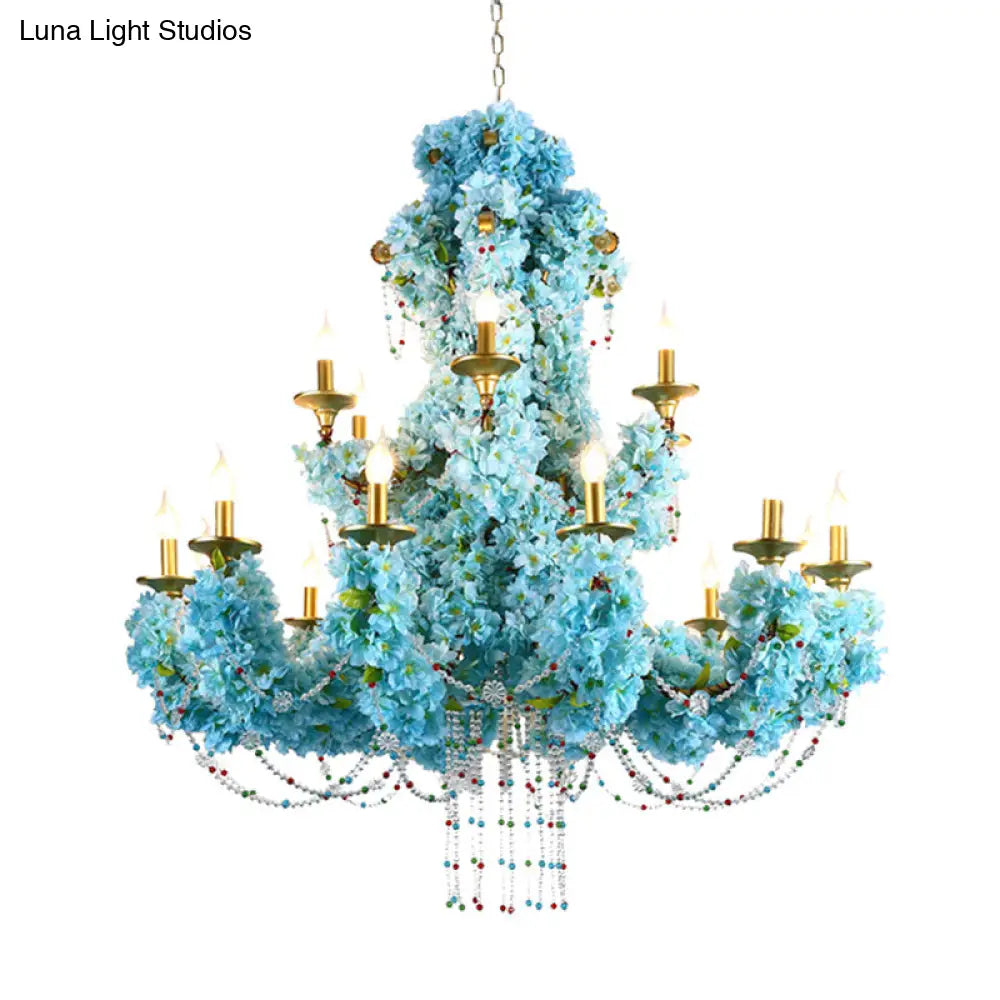 Vintage Blue Candelabra LED Chandelier Light with Crystal Accent - Metal, 12 Lights - Ideal for Restaurants & More