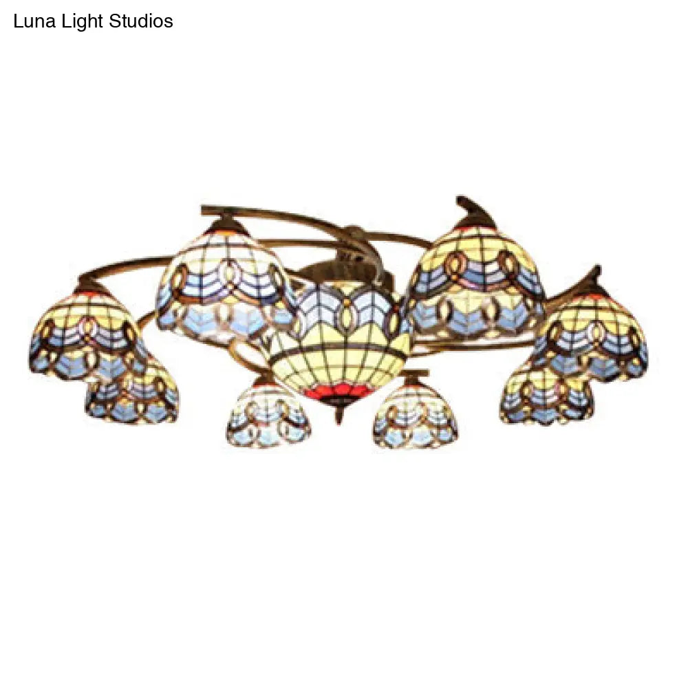 Vintage Blue Glass Tiffany Semi Flush Ceiling Light with 6/9 Baroque Design Lights - Ideal for Living Room Décor