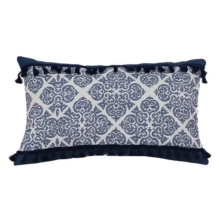Navy blue and white damask patterned pillow cover with tassel trim for vintage blue tassel pillow decorbites decor