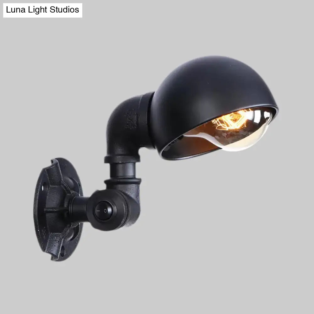 Vintage Bowl Shade Sconce Wall Light - Metallic 1-Light Lamp in Black with Pipe