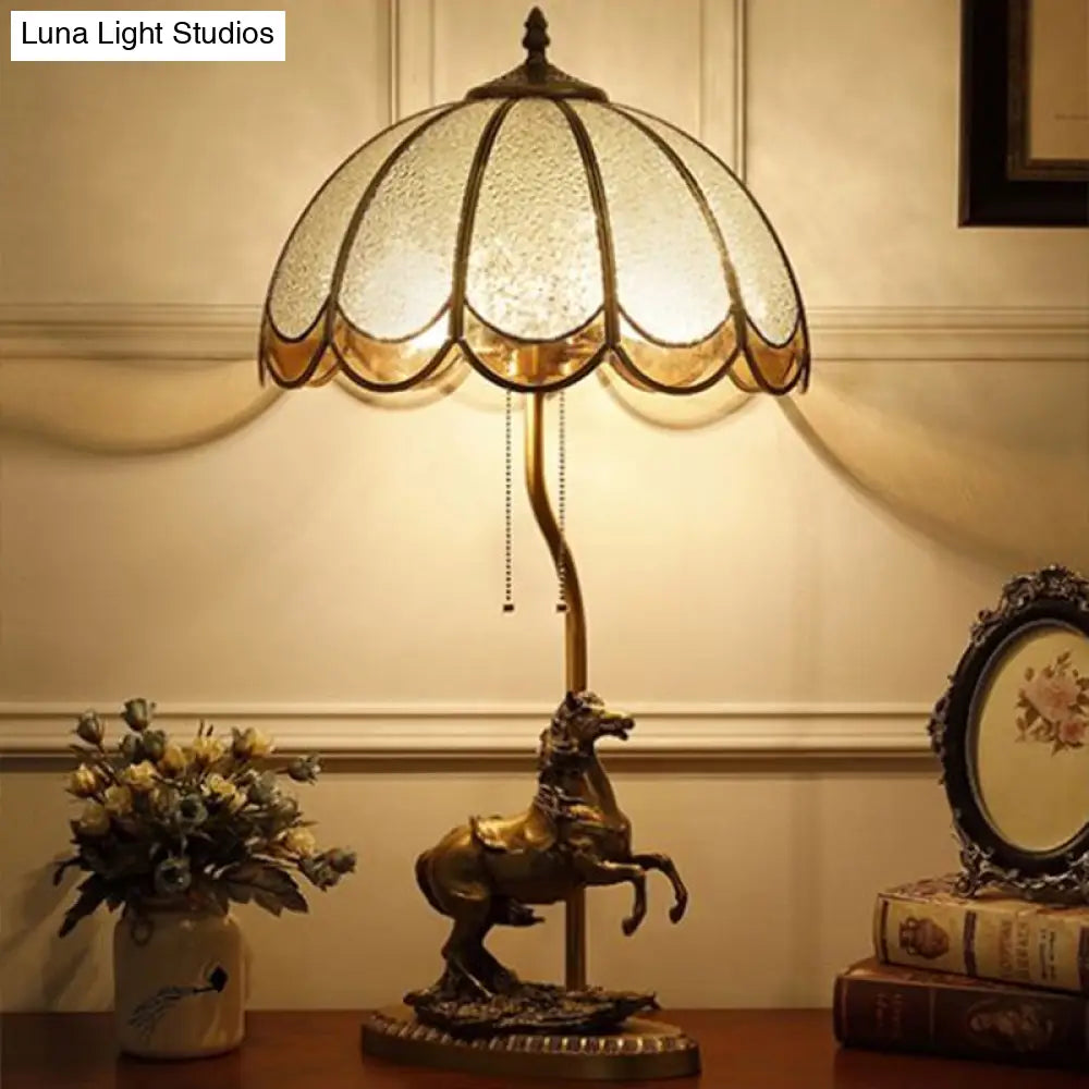 Vintage Brass 2-Light Table Lamp with Water Glass Scalloped Shade, Pull Chain, and Horse Deco