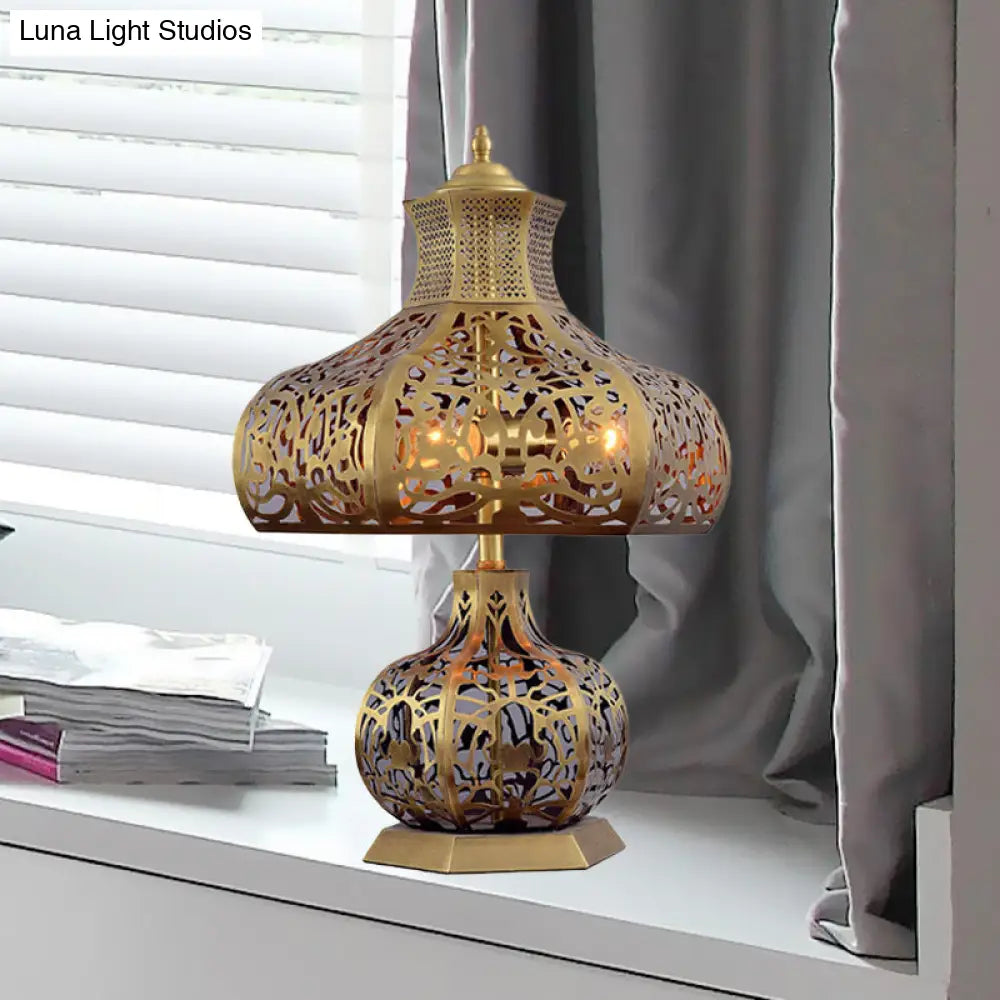 Vintage Brass Desk Lamp with Metal Crown Shade and Onion Shape Base
