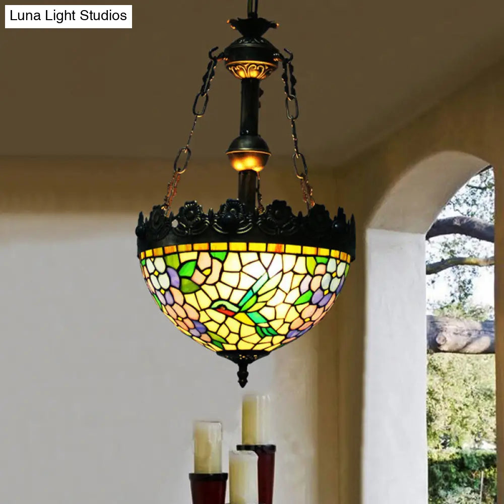 Vintage Brass Floral Chandelier - Tiffany Style Stained Glass - 3 Lights - Ceiling or Hanging Lamp - 12"/16" Wide