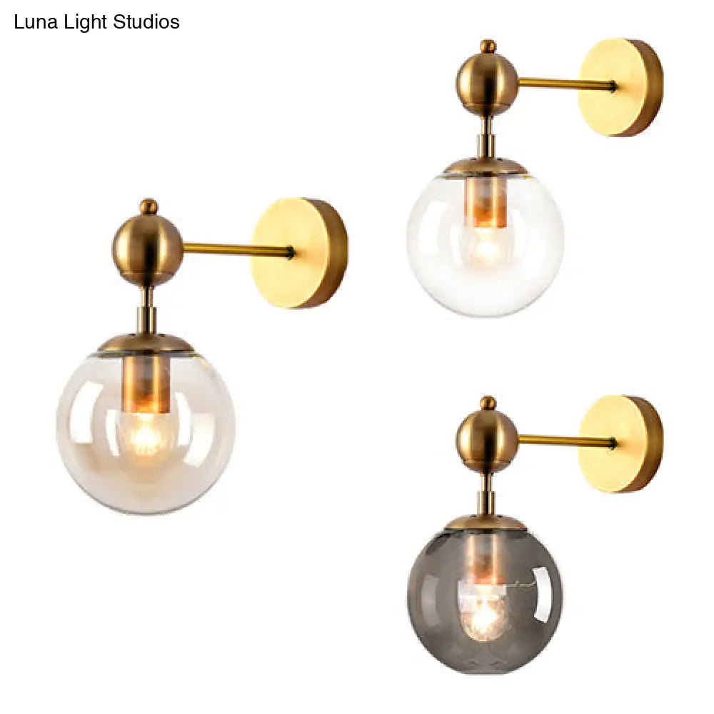 Vintage Brass Glass Wall Sconce with Clear/Grey/Amber Globe Shade - Stylish Living Room Lighting Fixture