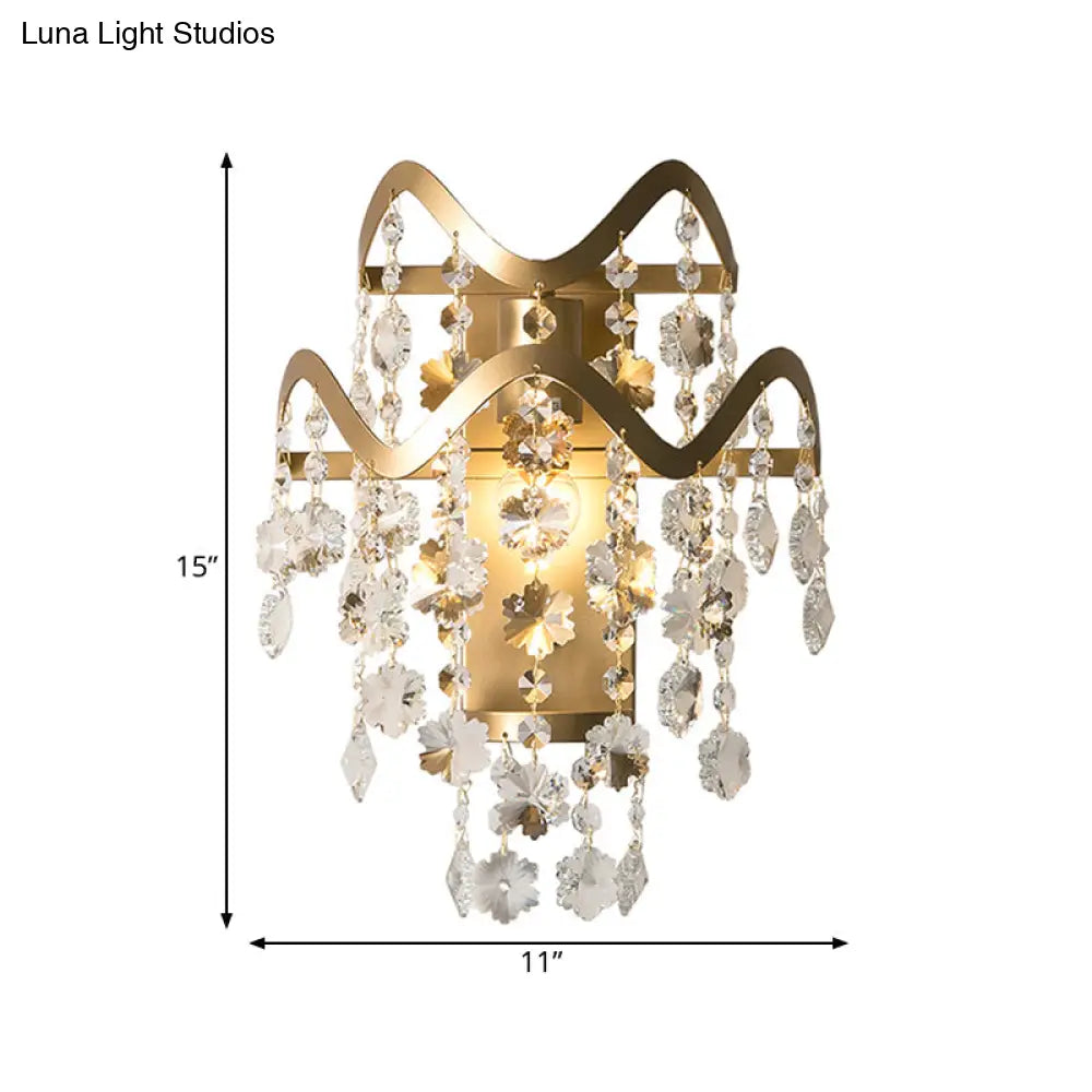 Vintage Brass LED Wall Sconce with Crystal Strand Draping and Waveform Edge