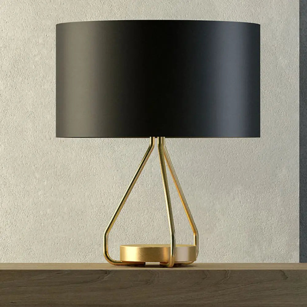 Vintage Brass Open Cage Night Lamp: 1-Light Metal Table Lighting with Drum Fabric Shade