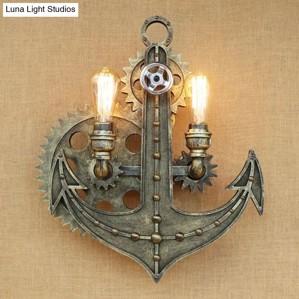 Vintage Brass/Rust Wall Light Sconce Lamp - 2 Bulbs, Anchor Mount - Ideal for Restaurants