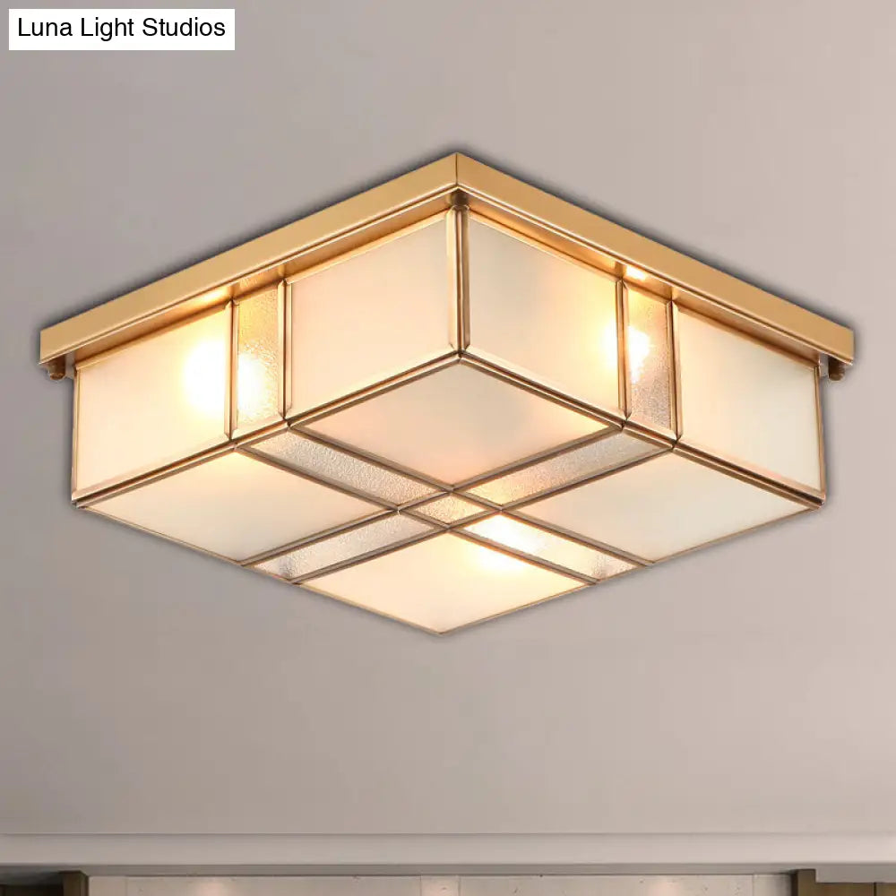 Vintage Brass Square Flush Mount Light with Frosted Glass Shades - Perfect for Bedrooms and Hallways