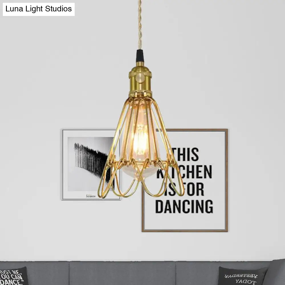 Vintage Brass Wire Frame Pendant Lamp w/ Ruffled Edge - Metallic 1-Light Hanging Light for Living Room