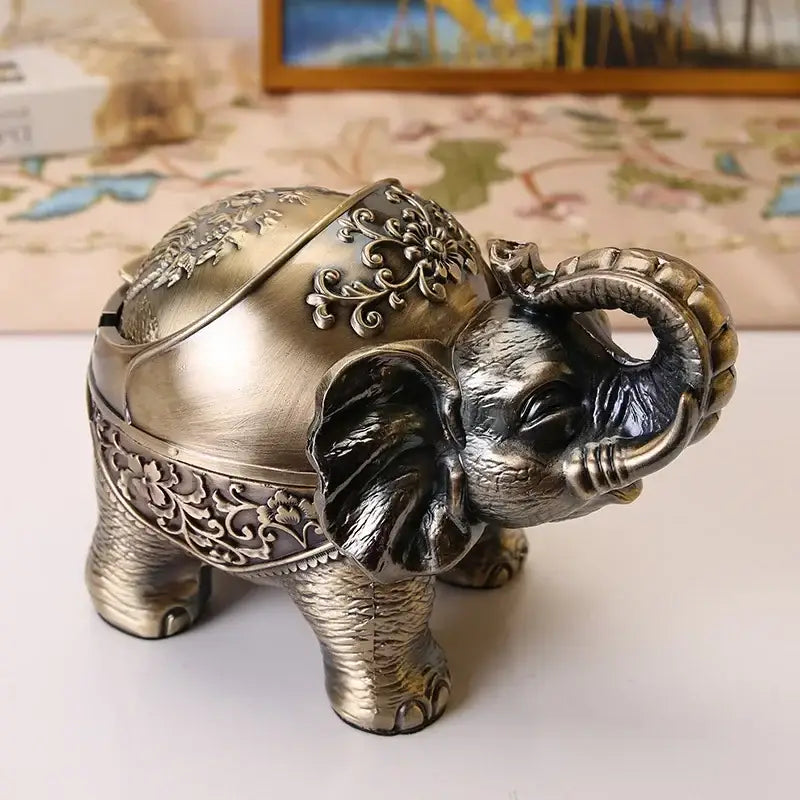 Vintage bronze decorbites elephant shaped windproof ashtray with intricate floral and scrollwork detailing for office decor