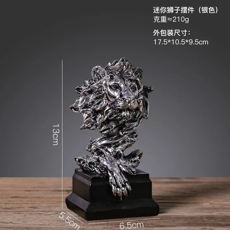 Silver lion head resin figurine with intricate mane on black base for vintage bronze lion head living room decorbites decor