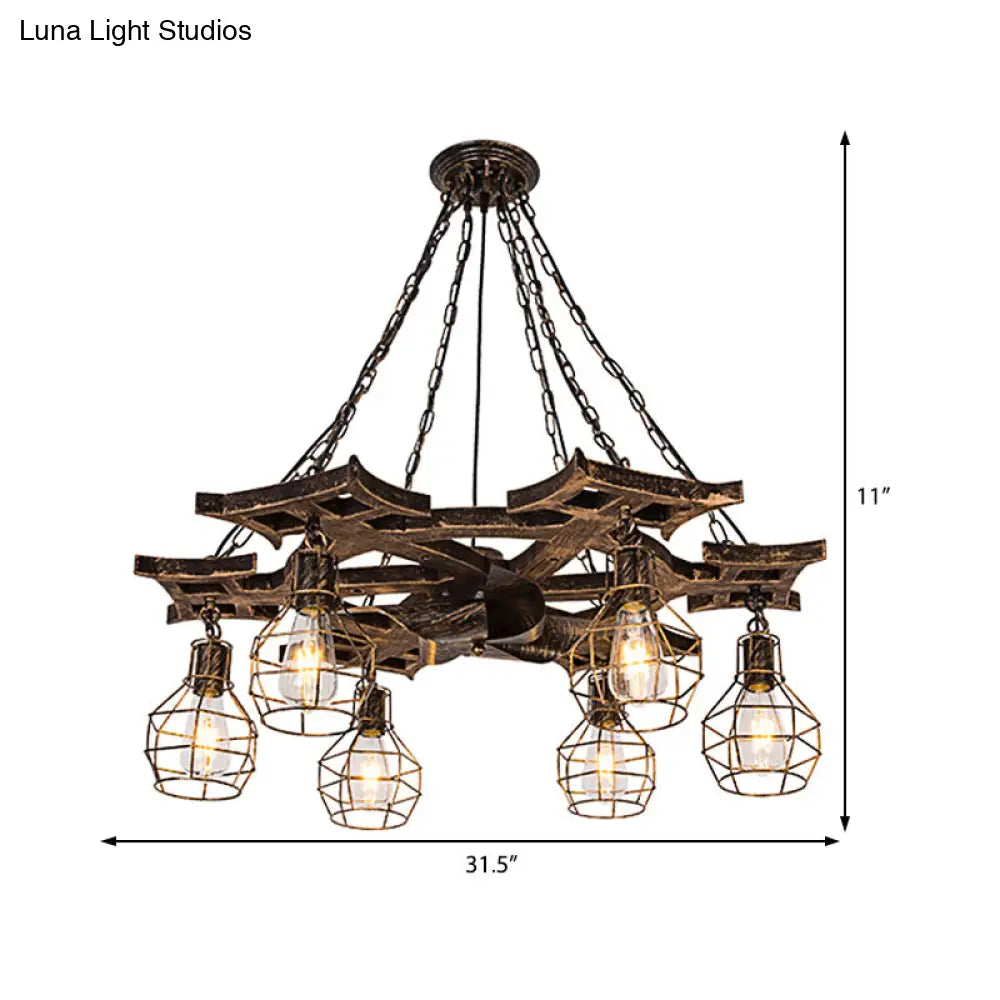 Vintage Bronze Metal Globe Chandelier - 6 Bulbs, Hanging Ceiling Fixture with Cage