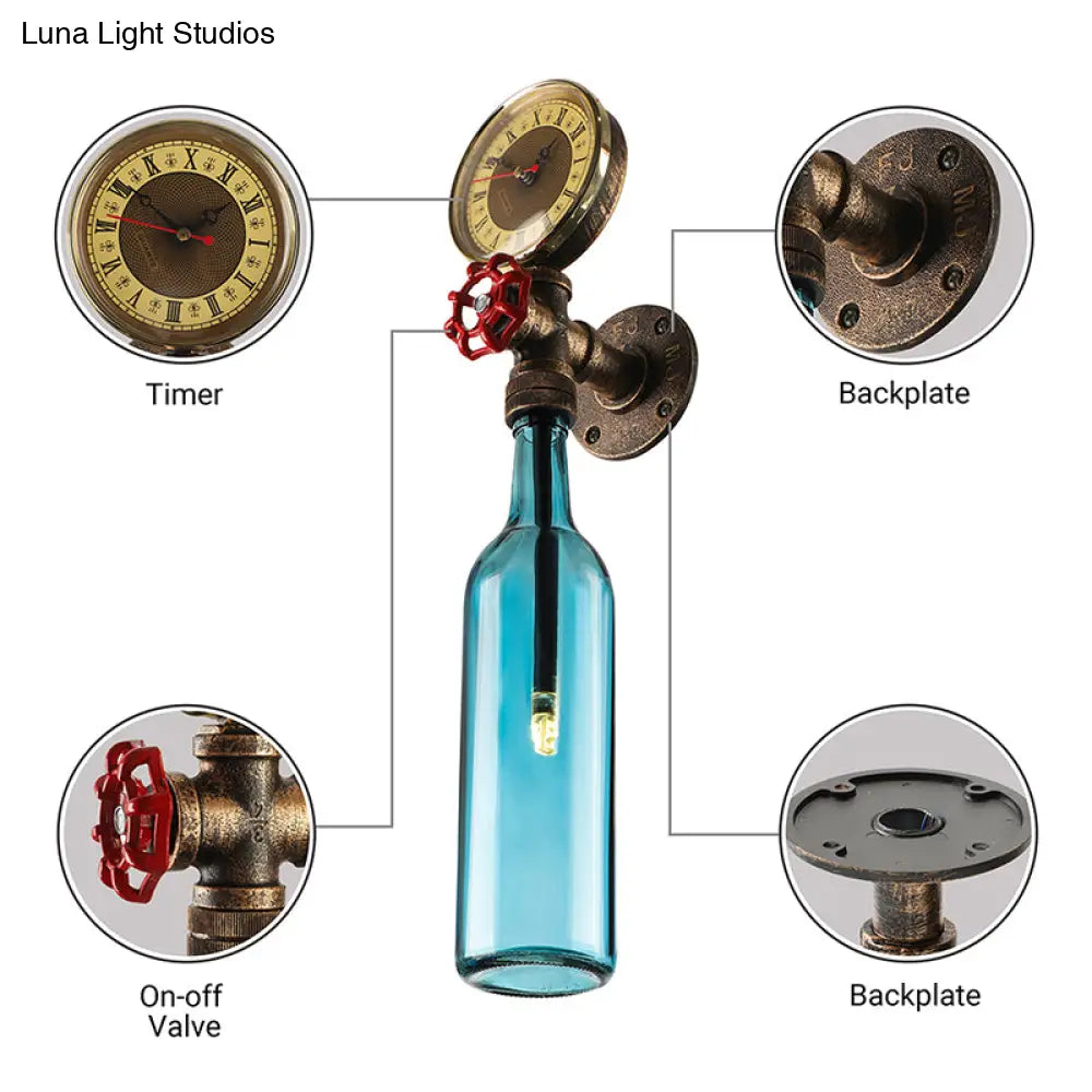 Vintage Brown/Blue Bottle Wall Sconce Lamp - Stylish Glass with Gauge and Valve