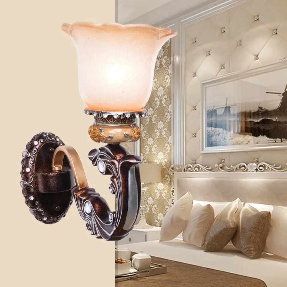 Vintage Brown Half-Head Wall Lamp with Pink and White Floral-Shaped Glass - Retro Wall Lighting Fixture