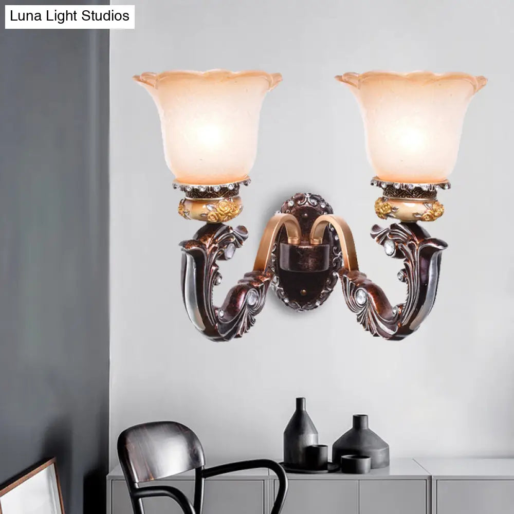 Vintage Brown Half-Head Wall Lamp with Pink and White Floral-Shaped Glass - Retro Wall Lighting Fixture